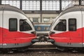 Trains departing from Budapest Nyugati Palyaudvar train station. This station is the second biggest of Hungary Royalty Free Stock Photo