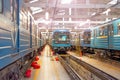 Trains and locomotives in the depot for maintenance, parking above the repair pits