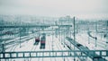 Trains and many railroad tracks in snow in Zurich, Switzerland Royalty Free Stock Photo