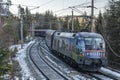 Trains on mountains railway in winter morning near Semmering Austria 01 13 2024 Royalty Free Stock Photo