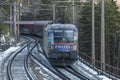 Trains on mountains railway in winter morning near Semmering Austria 01 13 2024 Royalty Free Stock Photo