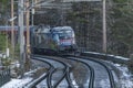 Trains on mountains railway in winter morning near Semmering Austria 01 13 2024