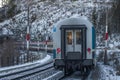 Trains on mountains railway in winter morning near Semmering Austria 01 13 2024 Royalty Free Stock Photo