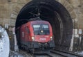 Trains on mountains railway in winter morning near Semmering Austria 01 13 2024 Royalty Free Stock Photo