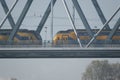 Trains passing each other on a bridge in Nijmegen, Netherlands