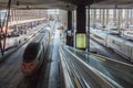 Trains at the platform of Madrid Atocha, the main railway station in the city, Spain.