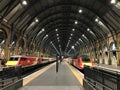 Trains and platforms at King`s Cross rail station, London, UK