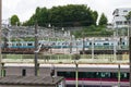 Trains on railroad station. Urban infrastructure