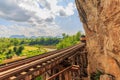 Trains running on death railways track crossing kwai river