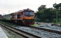 The Trains running on the train tracks to the station in Thailand