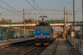 Trains in sunset color evening in Pardubice CZ 11 16 2024 Royalty Free Stock Photo