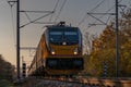 Trains in sunset color evening in Pardubice CZ 11 16 2024 Royalty Free Stock Photo