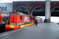 Trains at the train station waiting for passengers to board. Travel by rail on vacation