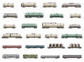 Vector set of isolated deatiled icons of railway trains, railcars, waggons and vans