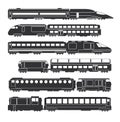 Trains and wagons black vector railway cargo and passenger transportation silhouettes