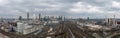 Trainyard with multiple trains and urban skyline: Frankfurt main station, Germany Royalty Free Stock Photo