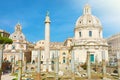 Trajan forum in Rome, ancient ruins with Trajan column, Santissimo Nome di Maria Church and Basilica Ulpia Royalty Free Stock Photo