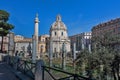 Trajan`s forum in Rome, ancient ruins, buildings: Trajan`s column, Santissimo Nome di Maria al Foro Traiano Church, Basilica Ulp Royalty Free Stock Photo