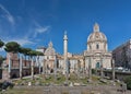 Trajan`s forum in Rome, ancient ruins, buildings: Trajan`s column, Santissimo Nome di Maria al Foro Traiano Church, Basilica Ulp