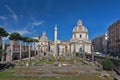 Trajan`s forum in Rome, ancient ruins, buildings: Trajan`s column, Santissimo Nome di Maria al Foro Traiano Church, Basilica Ulp Royalty Free Stock Photo