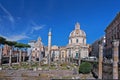 Trajan`s forum in Rome, ancient ruins, buildings: Trajan`s column, Santissimo Nome di Maria al Foro Traiano Church, Basilica Ulp