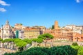 Trajan`s Market, Tower of the Militia, Trajan`s Column and Church of the Most Holy Name of Mary at the Trajan Forum, view from Vit