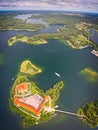 Green islands in lake in Trakai near Vilnius. Trakai drone view Royalty Free Stock Photo