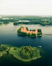 Trakai castle is medieval gothic Island castle, Galve lake. Flat lay of the most beautiful Lithuanian landmark. Trakai Island Royalty Free Stock Photo