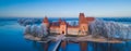 Trakai castle at winter, aerial view above the castle