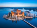 Trakai castle at winter, aerial view of the castle Royalty Free Stock Photo