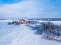 Trakai castle at winter, aerial view of the castle Royalty Free Stock Photo