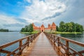 Trakai Island Castle, lake and wooden bridge, Lithuania.