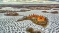 Trakai, Lithuania: aerial winter UAV top view, flat lay of gothic Island Castle and city of Trakai Royalty Free Stock Photo