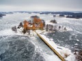 Trakai, Lithuania: aerial winter UAV top view, flat lay of gothic Island Castle Royalty Free Stock Photo