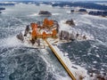 Trakai, Lithuania: aerial winter UAV top view, flat lay of gothic Island Castle Royalty Free Stock Photo