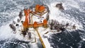 Trakai, Lithuania: aerial winter UAV top view, flat lay of gothic Island Castle