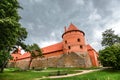 Landscape of Trakai Island Castle, lake and wooden bridge, Lithuania.