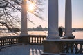 Trakai, LIthuania 2019-01-23, Galves lake, woman looking at the castle. View to Trakai castle from Uzutrakis mano, very beautiful Royalty Free Stock Photo