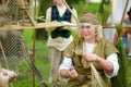 TRAKAI, LITHUANIA - JUNE 16, 2018: Historical reenactment activists wearing medieval costumes during annual Medieval Festival,