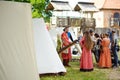 TRAKAI, LITHUANIA - JUNE 16, 2018: Historical reenactment activists wearing medieval costumes during annual Medieval Festival,