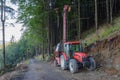 Traktor and forest cableway for timber concentration uphill, downhill on beskid mountains