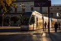 Tram arriving at a station in Seville