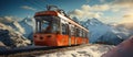 Tram on the background of snowy mountains