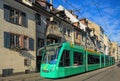 Tram on Basel old town street Royalty Free Stock Photo