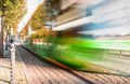 Tram blurred by motion, abstract photo, public transportation in Poznan, Poland. Royalty Free Stock Photo