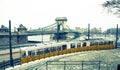 Tram in Budapest in front of Chain Bridge Royalty Free Stock Photo