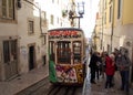 Tram car of the Bica Funicular, Ascensor da Bica, at the upper station, Lisbon, Portugal Royalty Free Stock Photo
