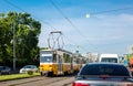 Tram and cars. Urban transport traffic in Budapest