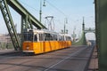 Tram circulating on the Liberty Bridge, in Budapest, Hungary