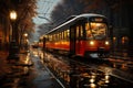 tram on the city streets in rainy day in autumn